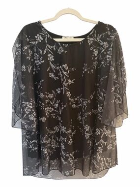 Sese Code Black Floral Sheer Chiffon Overlay Flutter Sleeve Blouse